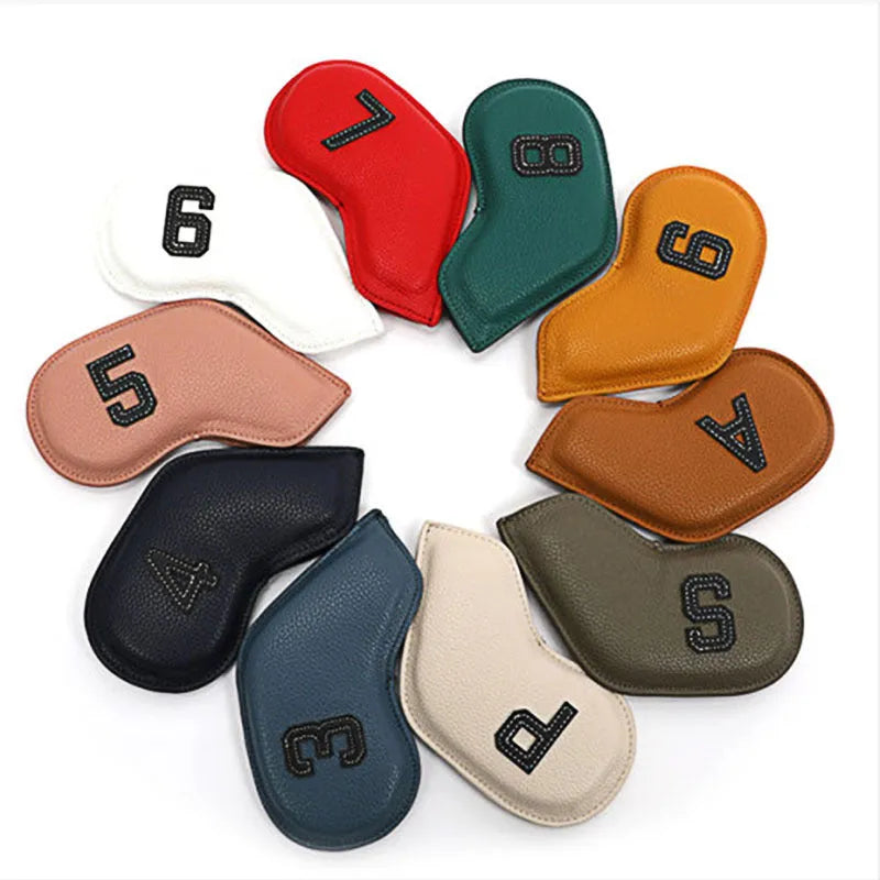 Set of 10 digitally printed PU golf club head covers in mixed colours.