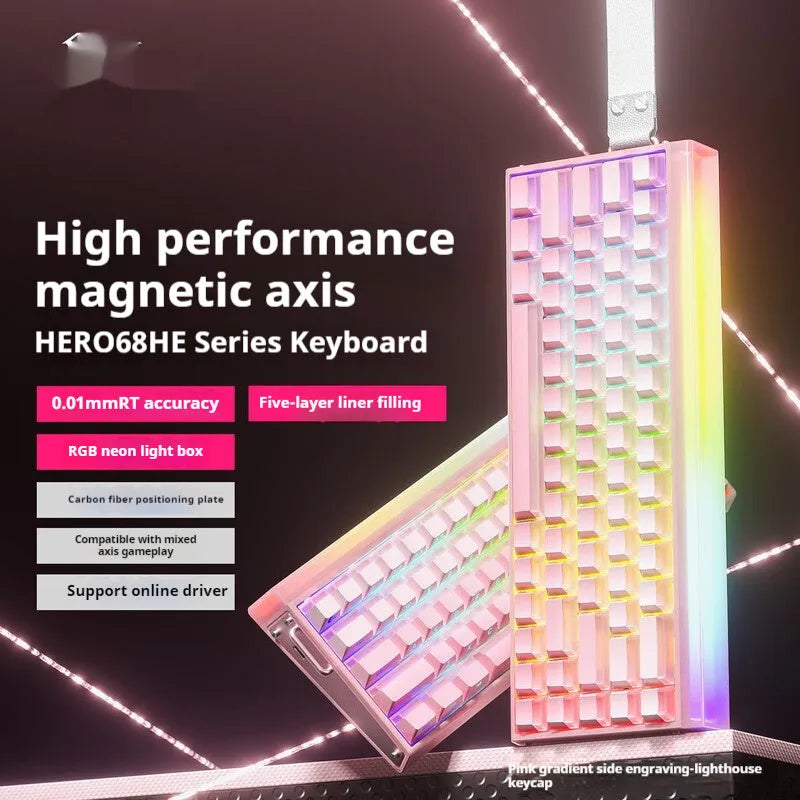 Magnetic axis RGB mechanical keyboard showing side engraving detail and multi-colour backlighting.
