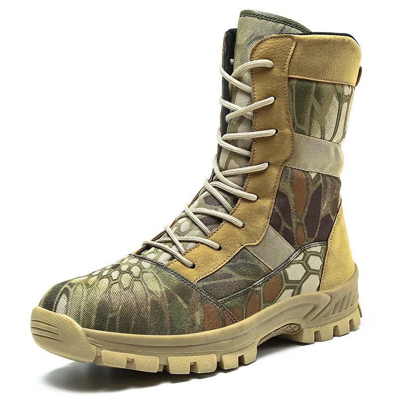 Men's plus size mesh high-top shoes in black and camouflage colours showing sports style combat boot design
