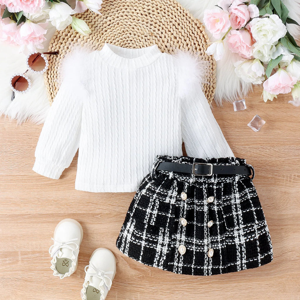 White girls' three-piece suit with furry cotton top, woolen fabric skirt, and belt for autumn winter