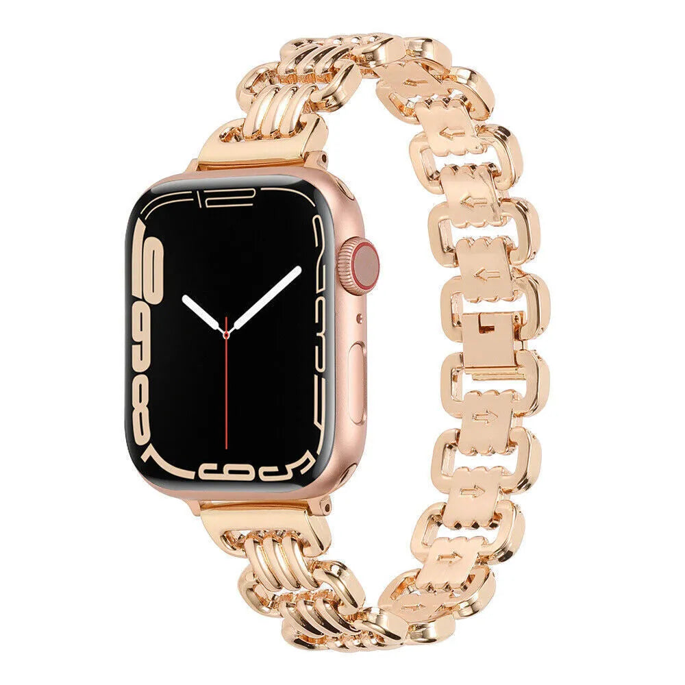 Alloy metal Apple Watch replacement band in silver, black, gold, rose gold, and starlight colours.