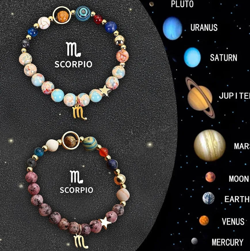 Two natural stone beaded bracelets featuring twelve zodiac sign symbols for astrology lovers.