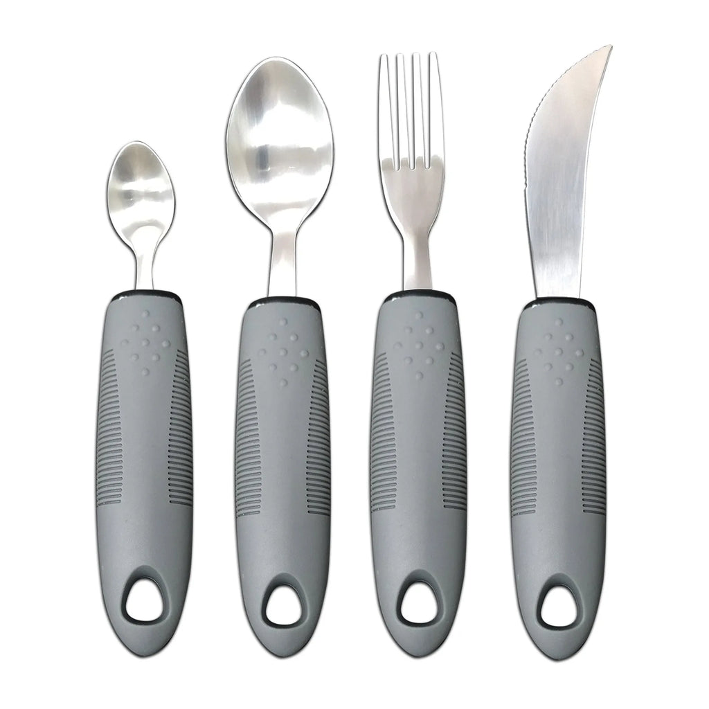 Stainless steel anti-shake cutlery set with curved rubber handles for elderly adult rehabilitation use