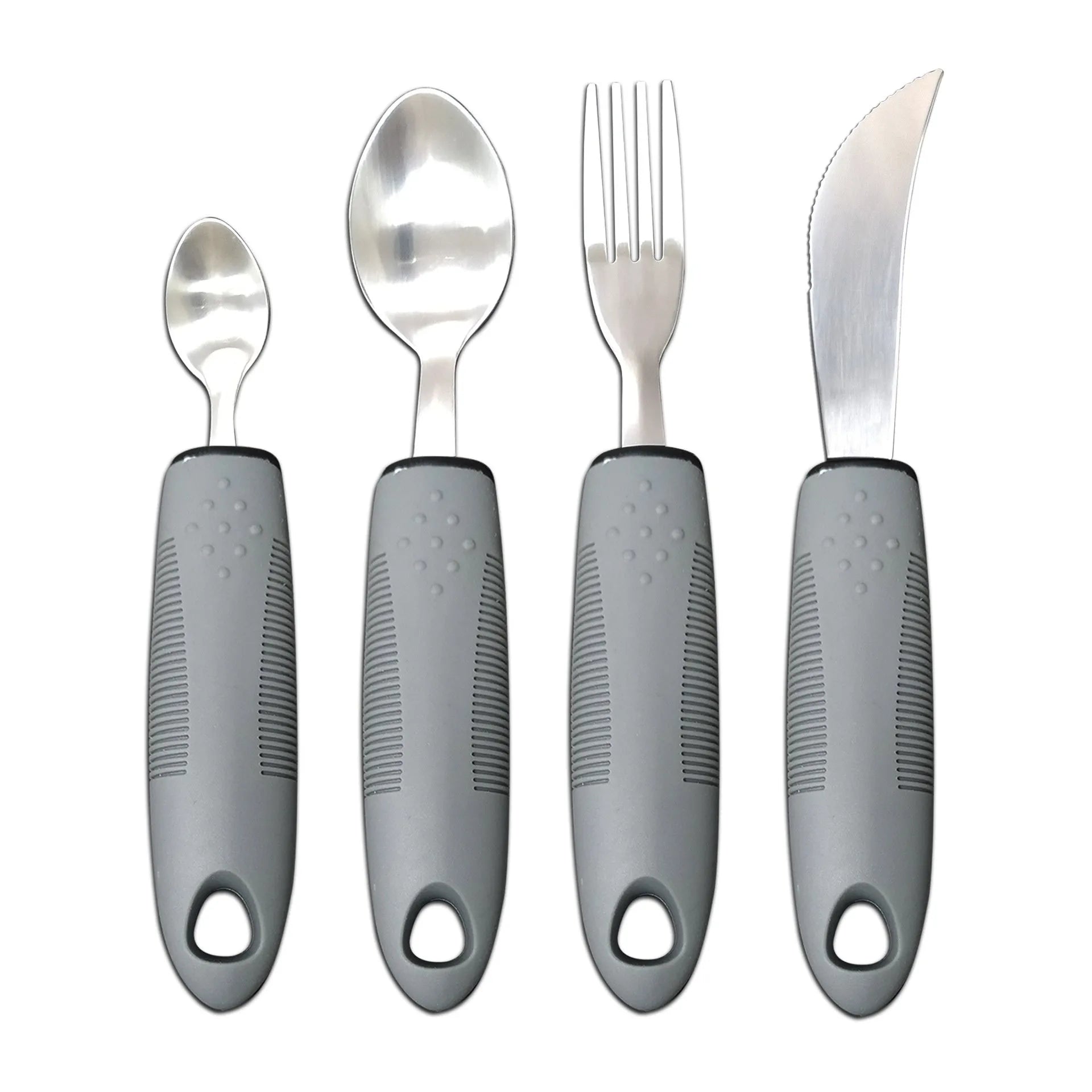 Stainless steel anti-shake cutlery set with curved rubber handles for elderly adult rehabilitation use