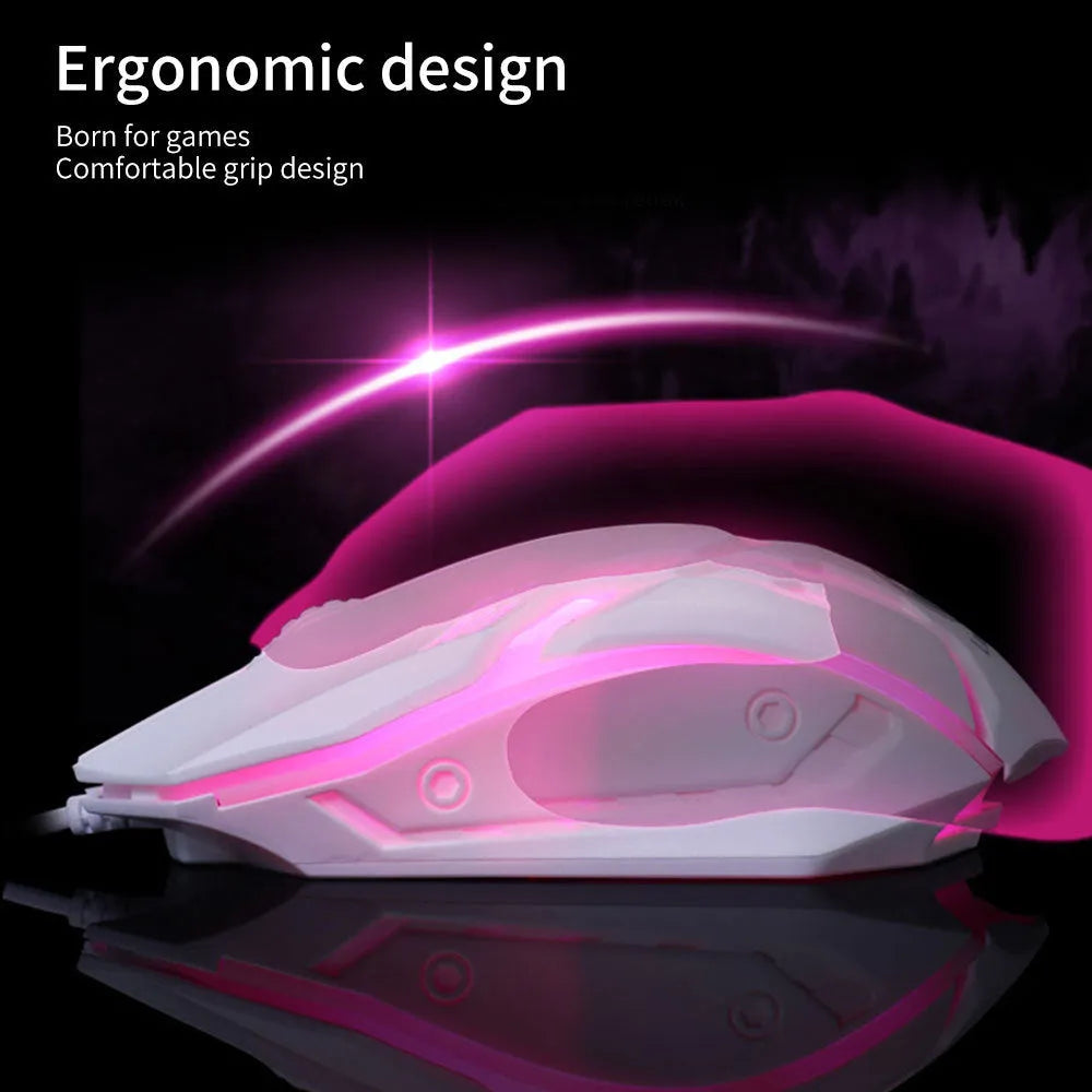 Wired computer mouse with colourful glowing illumination in black or white with USB cable