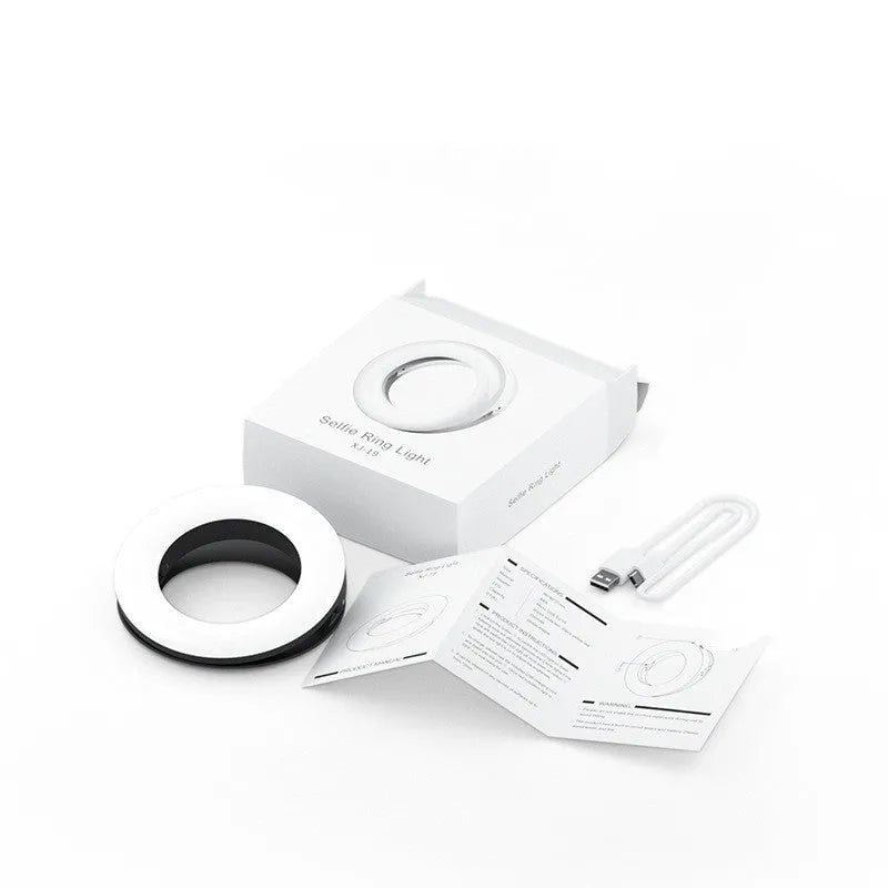 Black USB rechargeable selfie ring light for mobile phone photography and video