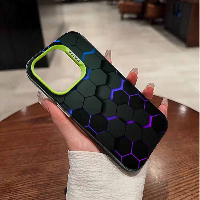 Frosted protective phone case for Apple iPhone with honeycomb square design in moonlight colours.