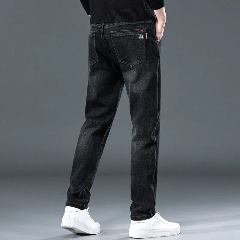 Men's slim straight casual trousers in micro-elastic polyester fabric, mid-waist design with zip fly