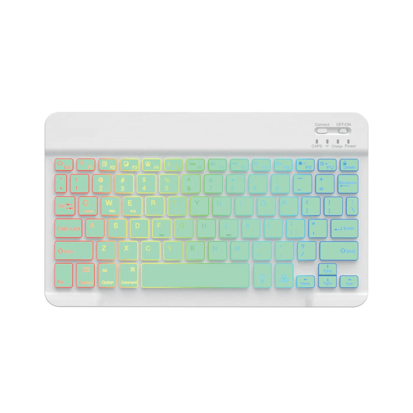 10-inch backlit Bluetooth keyboard for tablets showing eight colour options including black, white, pink, blue, green, purple, yellow, dark green