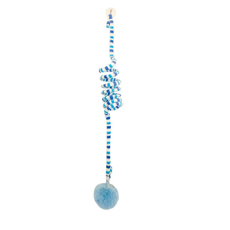 Hanging cat toy with bell stick and inflatable ball attached to door with suction cup