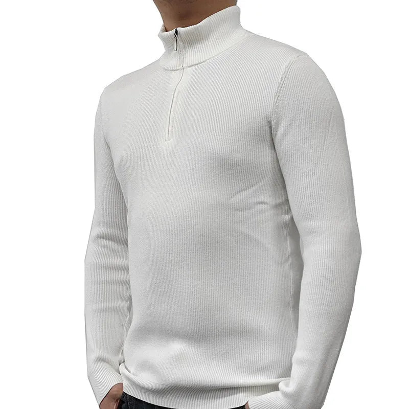 Man wearing a grey cotton blend half-turtleneck zip sweater with long sleeves
