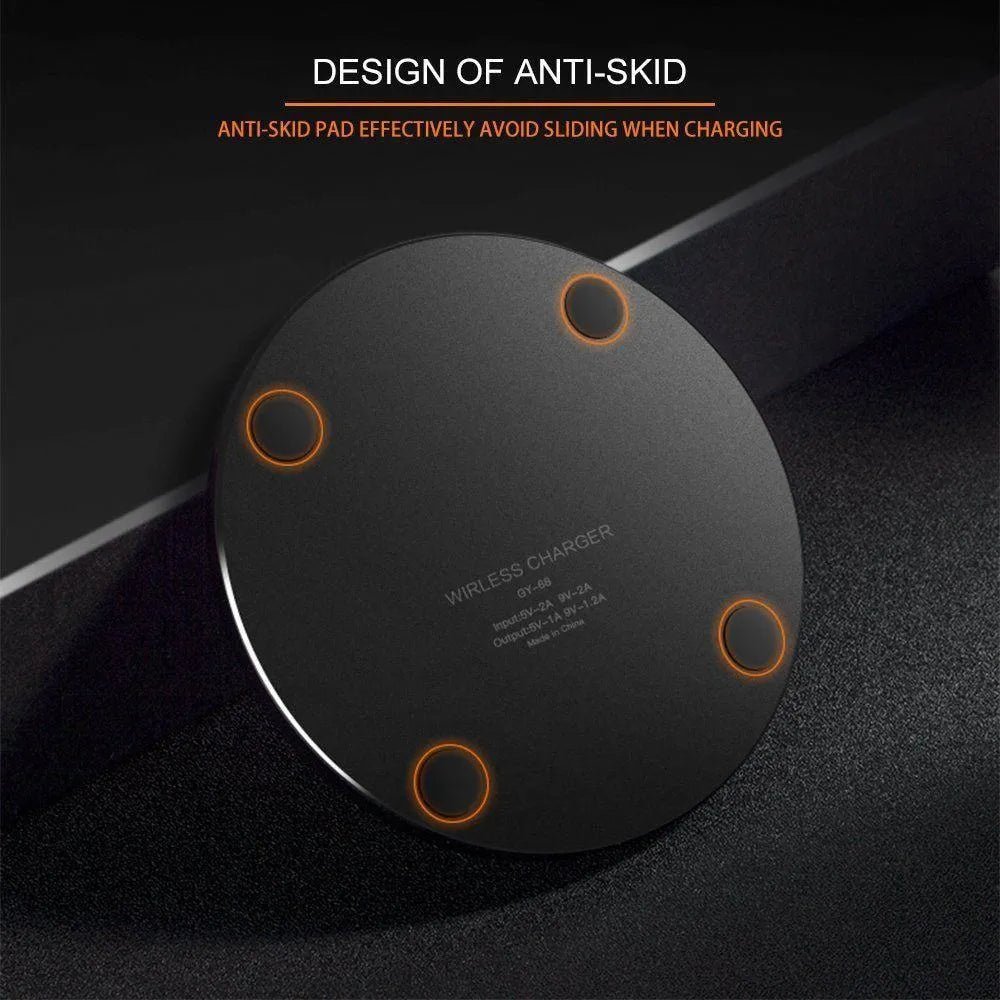 Black ultra-thin 98mm square wireless fast charging pad with USB cable for QI-enabled devices