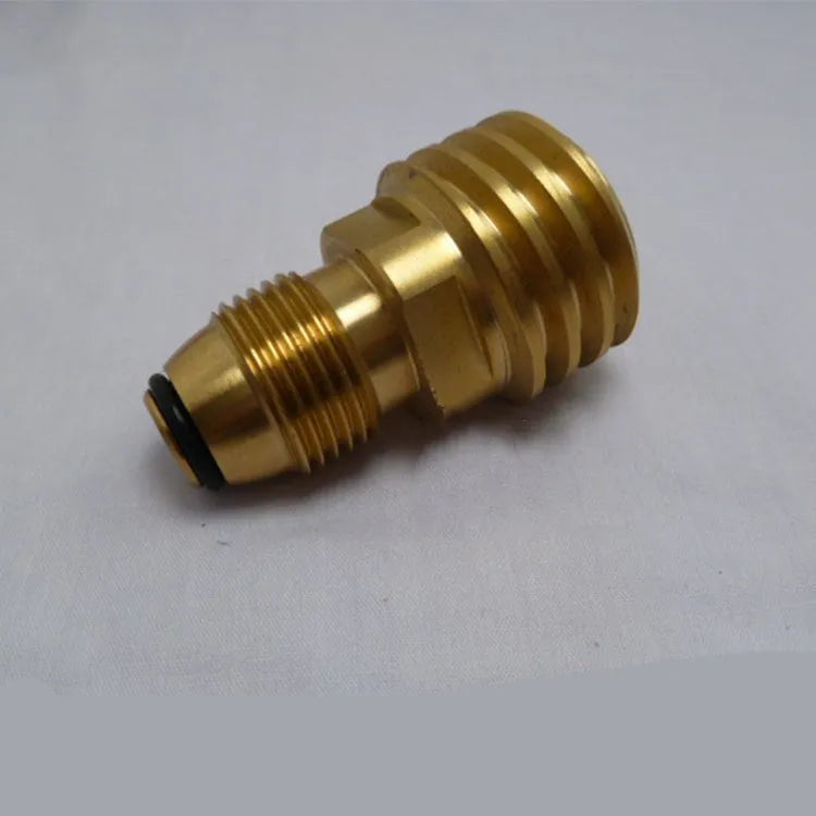 Brass gas brazier adapter with gold finish showing tapered external thread and internal thread