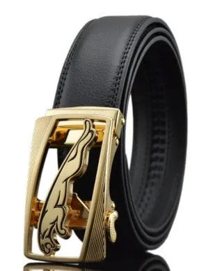 Men's leather belt with automatic buckle in cowhide, showing adjustable mechanism and pattern options