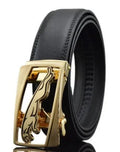 Men's leather belt with automatic buckle in cowhide, showing adjustable mechanism and pattern options
