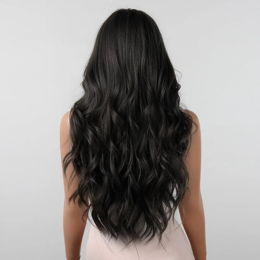 Long curly wig with bangs in high-temperature fibre, 26inch length, five colour options for women