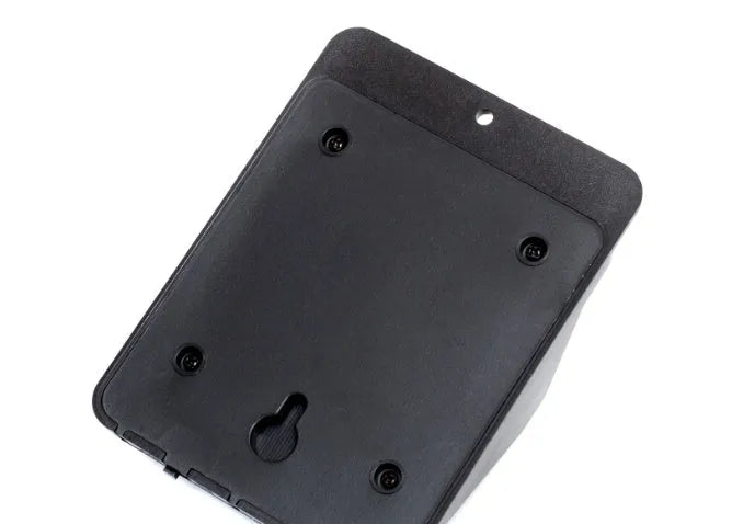 Set of four white solar-powered LED security lights with motion sensors mounted on an outdoor wall.