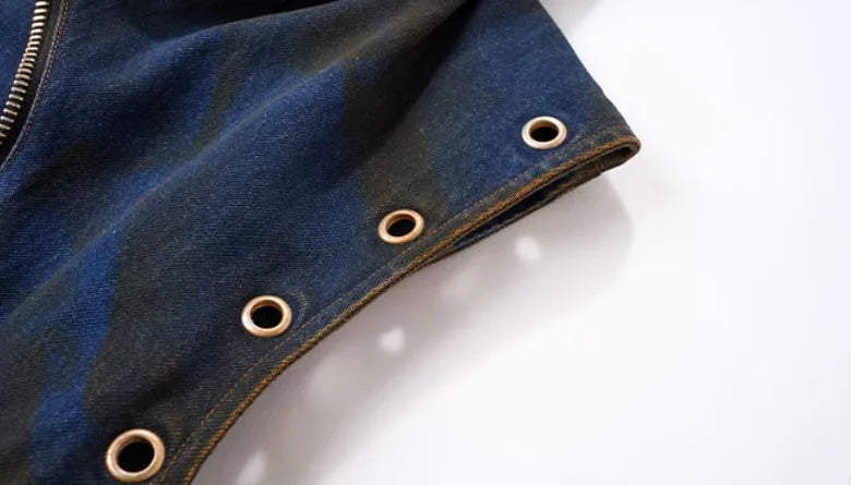 Blue hooded denim vest coat and matching trousers set on a man, showing Korean style fit.