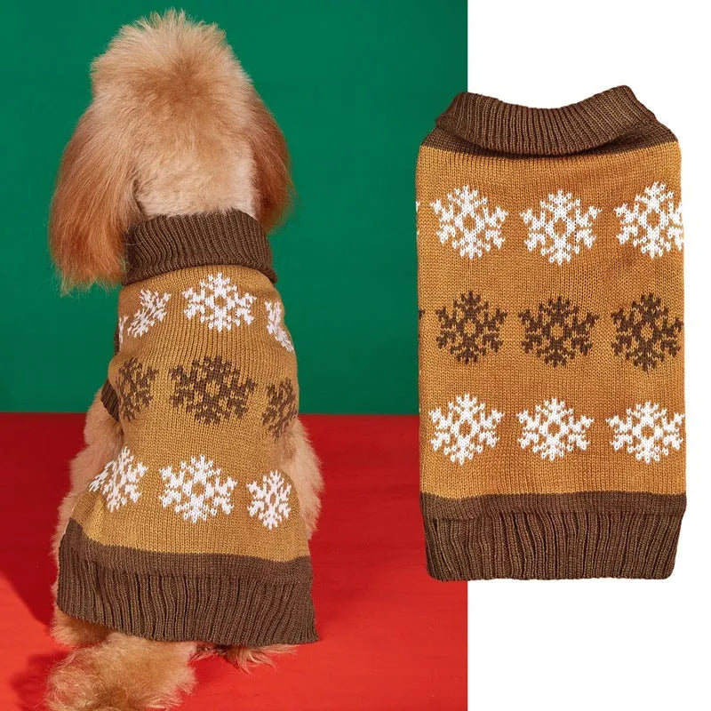 Dark brown and grey knitted dog sweater with snowflake patterns, size label shown.