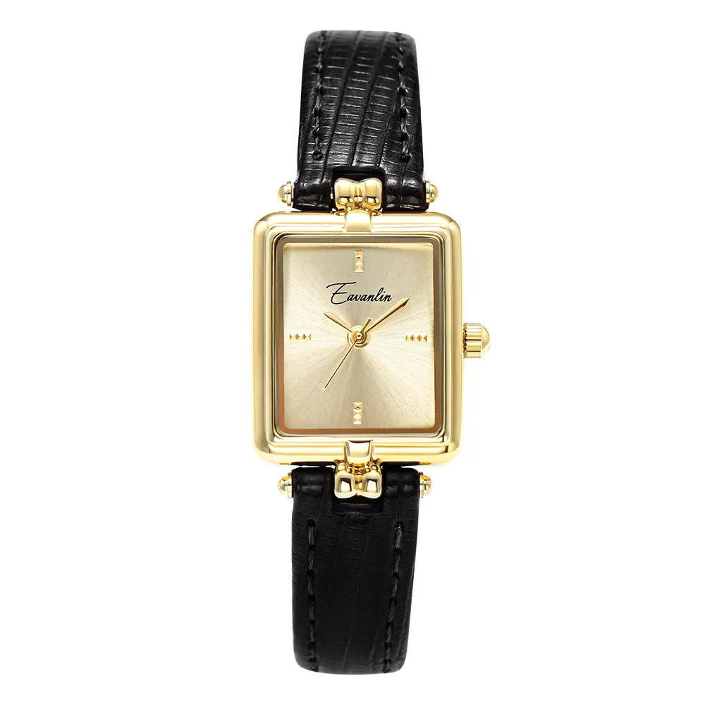 Women's retro small square watch with black leather strap and gold frame, 8mm thickness