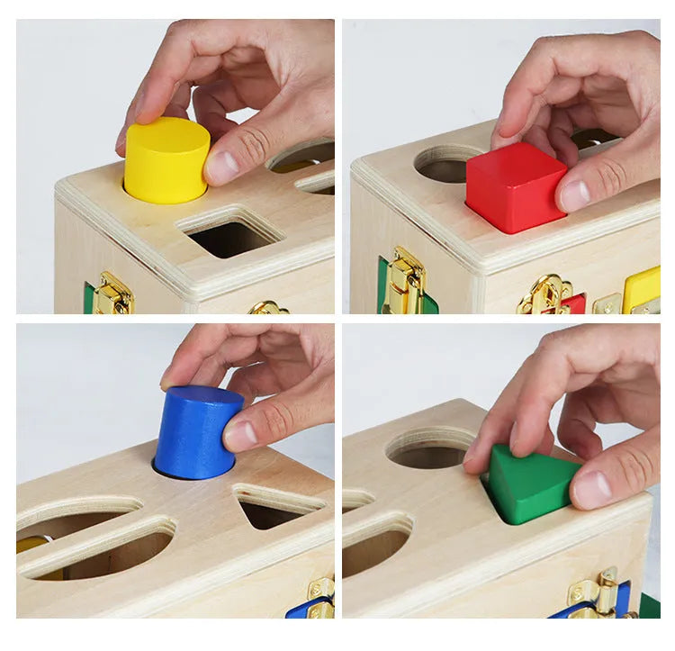 Wooden shape sorter lock box with 12 eco-friendly non-toxic pieces for preschool learning