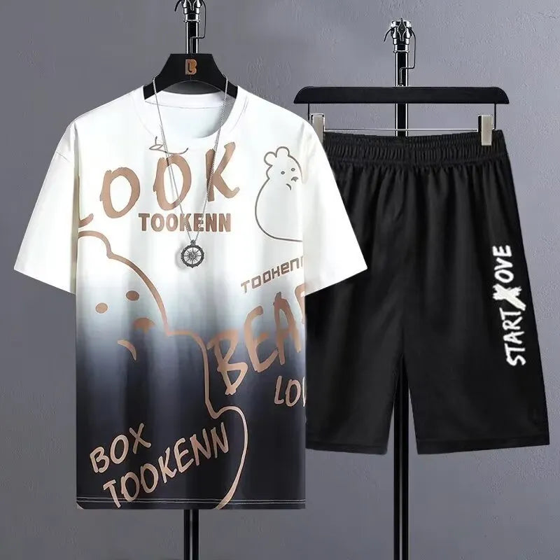 Men's light grey summer shorts suit set consisting of a short-sleeve T-shirt and matching shorts on a hanger.