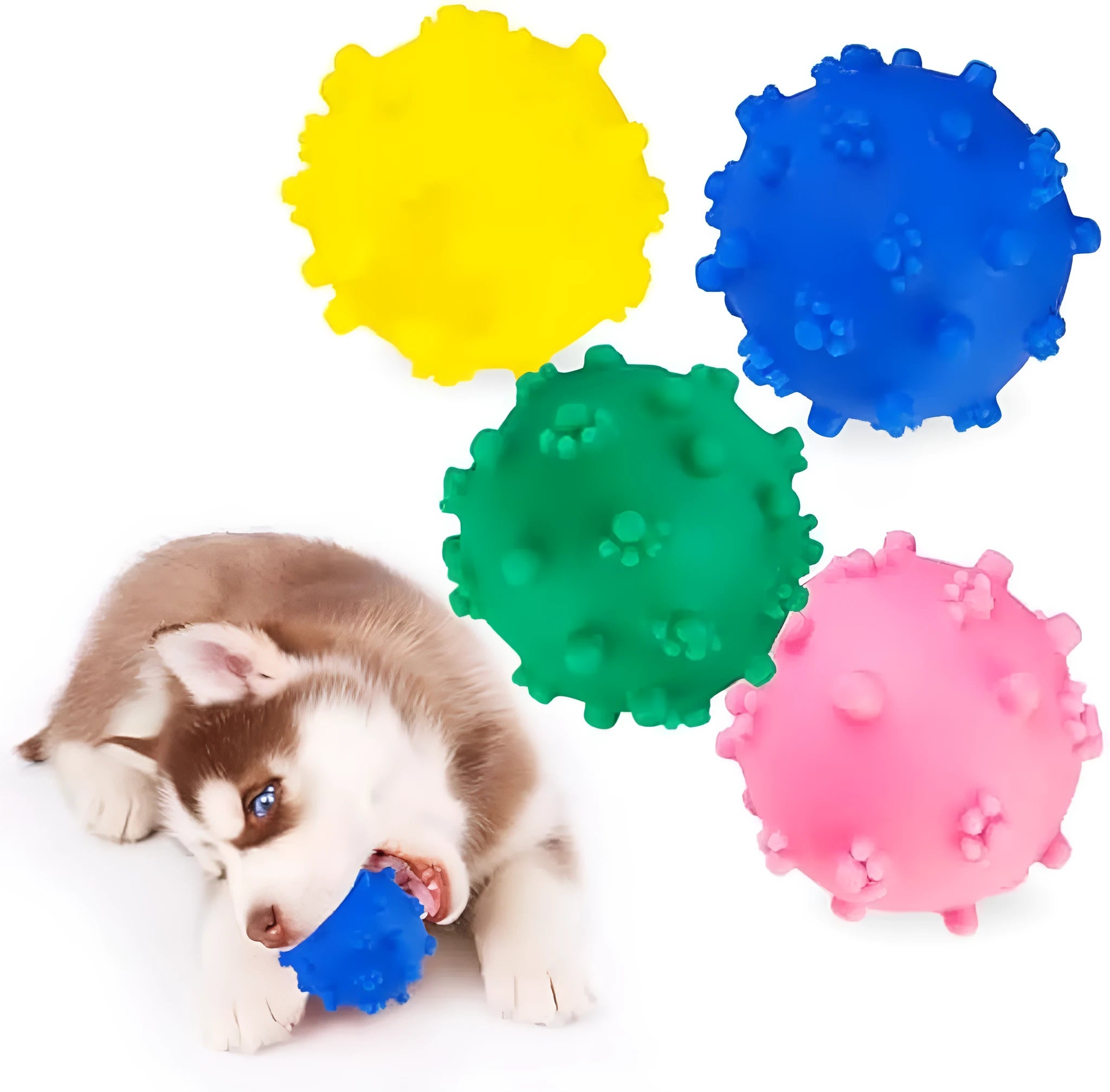 Bright blue, green, pink and yellow spiky dog balls with paw print dimples for small breed chewing and fetch.