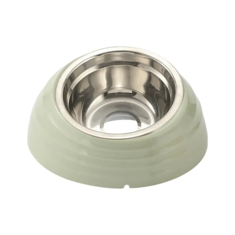 Stainless steel cat bowl with plastic base in beige, brown, or light green.