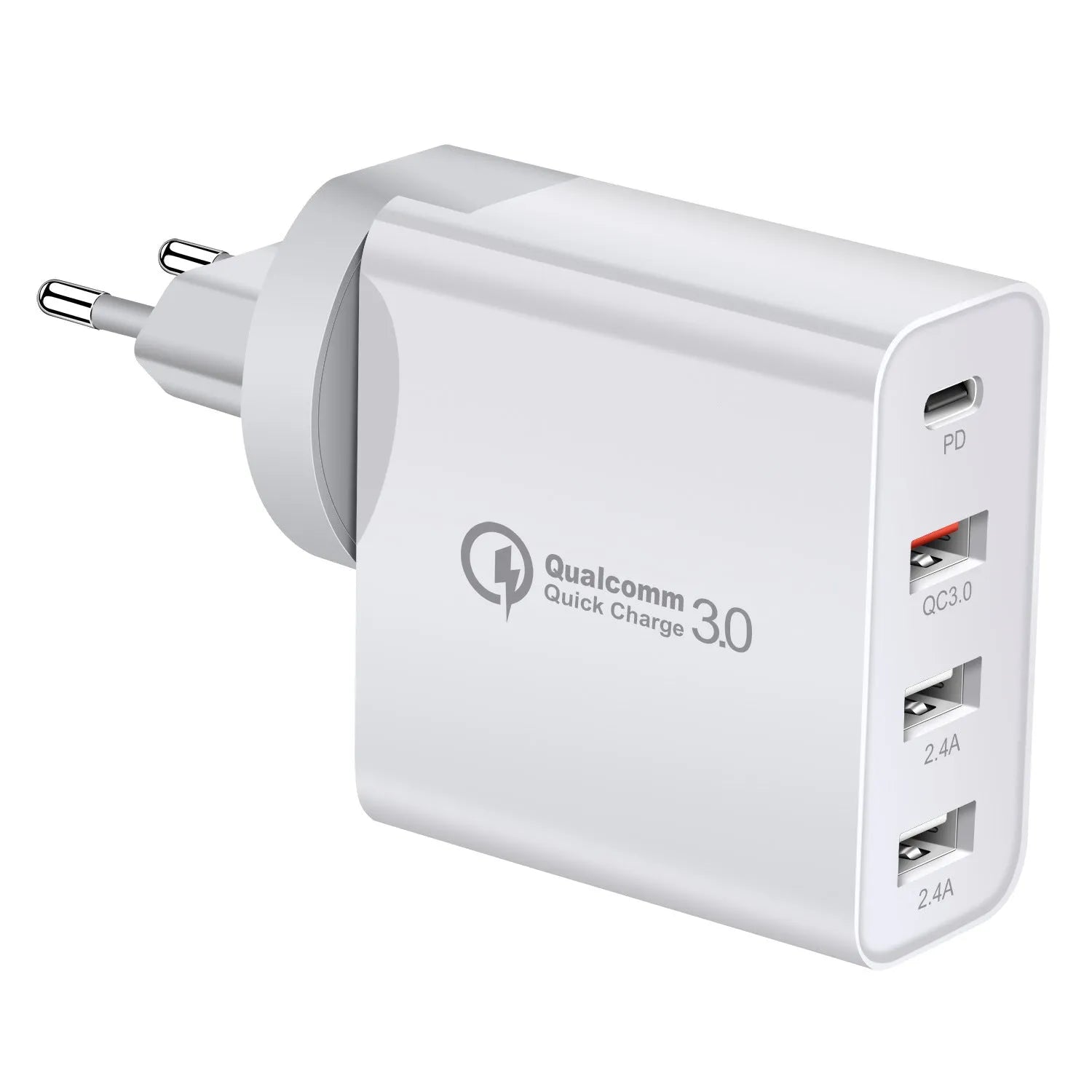 Black four-port USB-C wall charger with UK plug adapter and international travel plugs