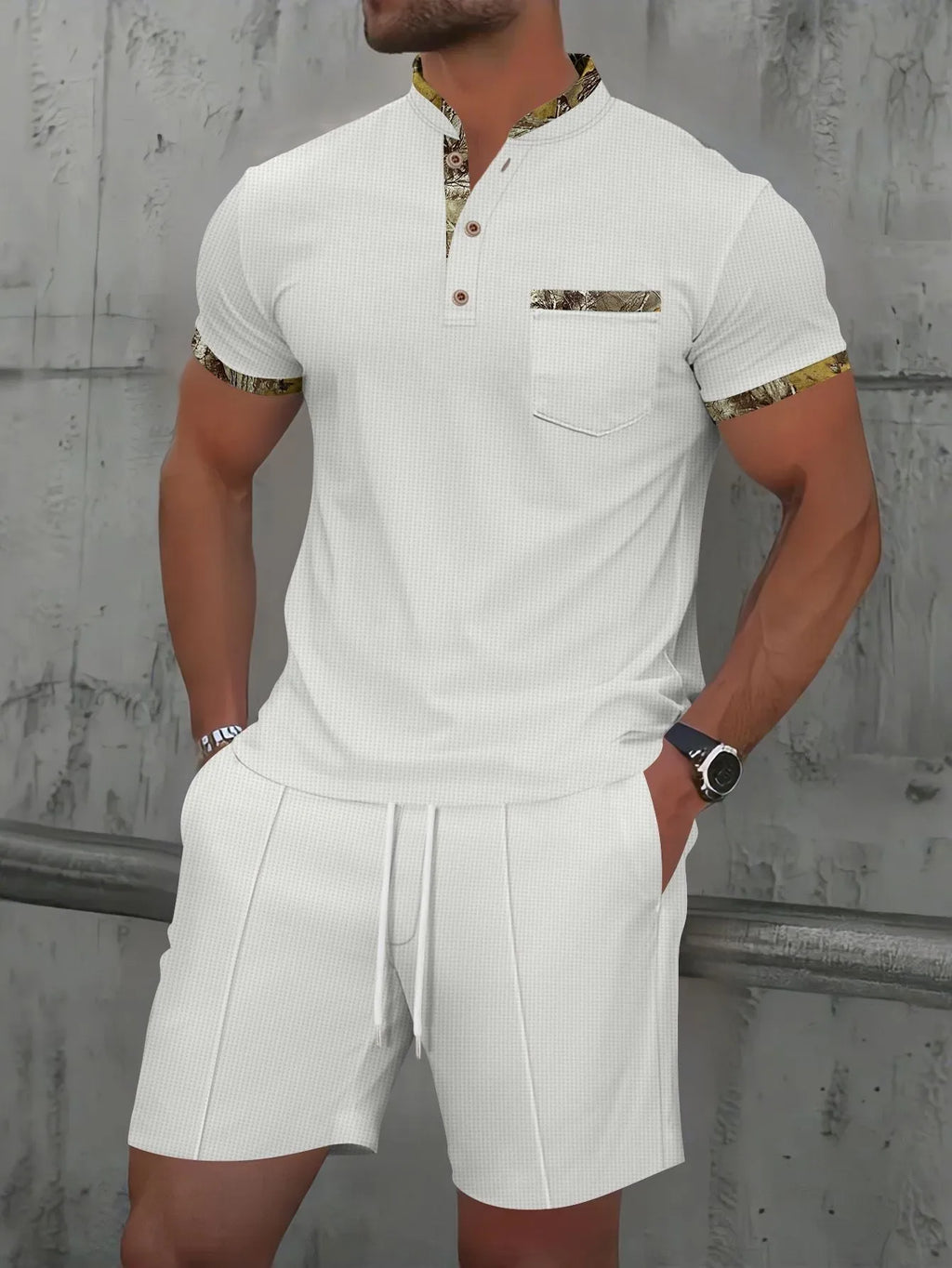 Men's waffle textured polo collar short sleeve suit set in cotton blend fabric with matching top and shorts