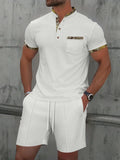 Men's waffle textured polo collar short sleeve suit set in cotton blend fabric with matching top and shorts