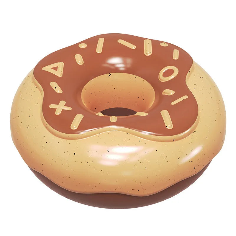 Pink TPR donut-shaped dog chew toy that makes a molar cleaning sound, shown next to a yellow and chocolate version.