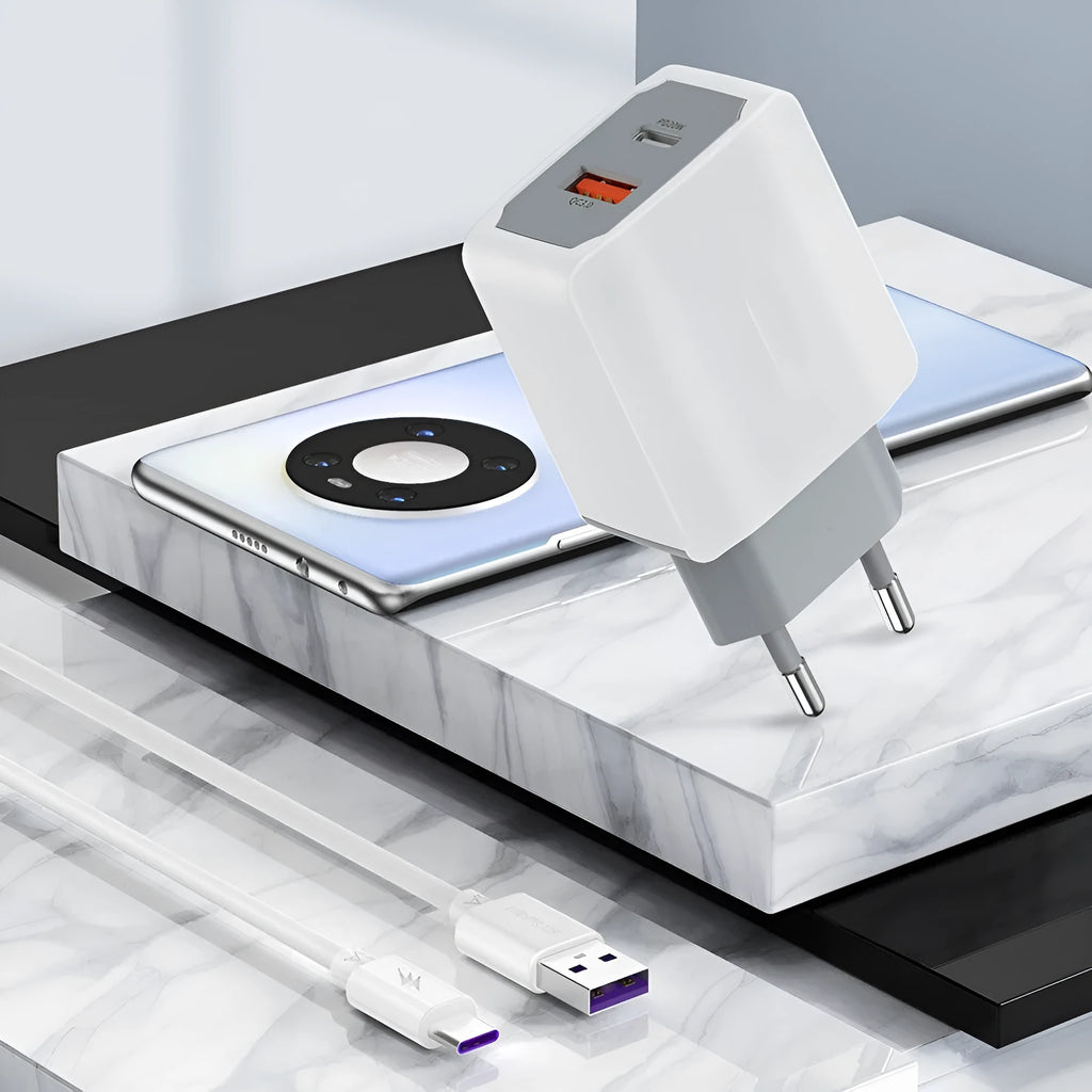 White European fast charger set with ABS PC housing showing 42mm compact dimensions