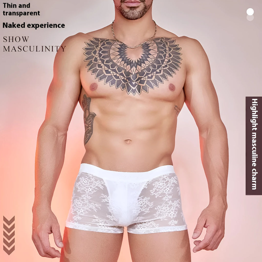 Men's black lace detail nylon boxers on a white background