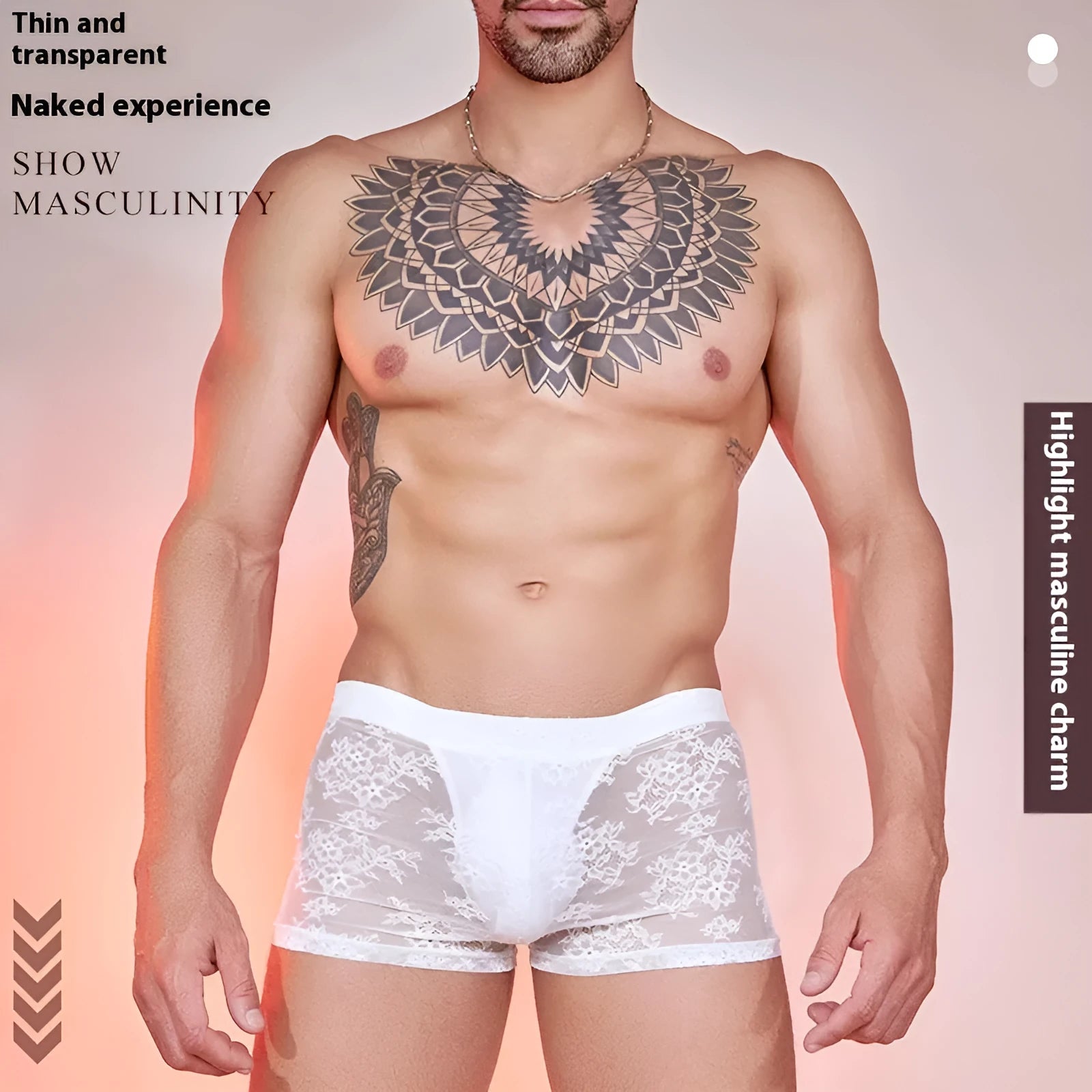 Men's black lace detail nylon boxers on a white background