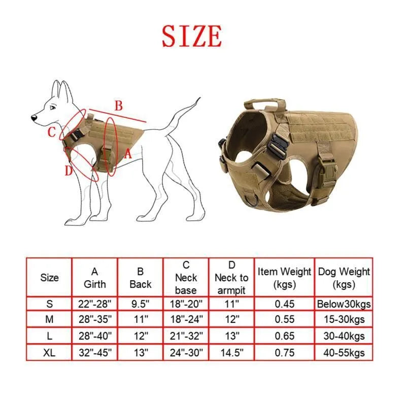Dog wearing six-piece combat training vest in black polyester with multiple attachment points