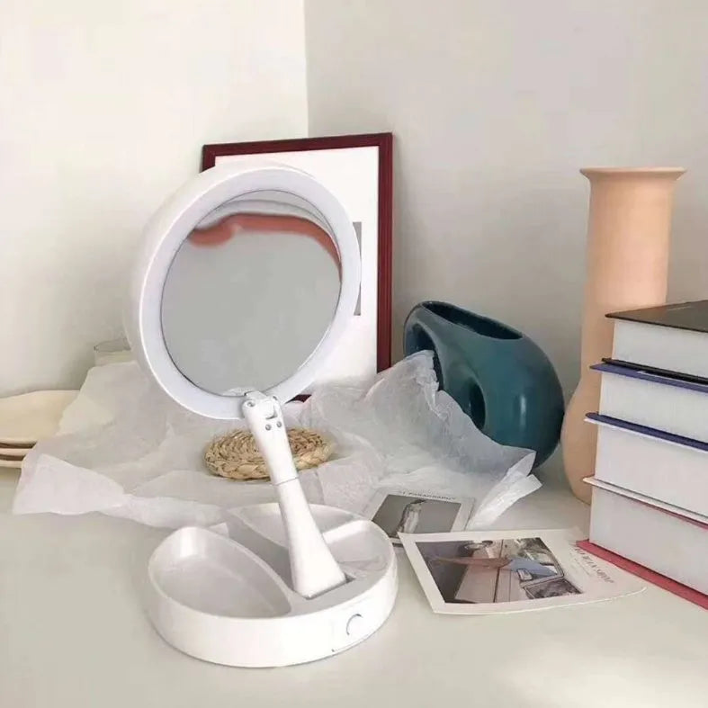 White acrylic frame LED vanity mirror with USB charging and foldable design