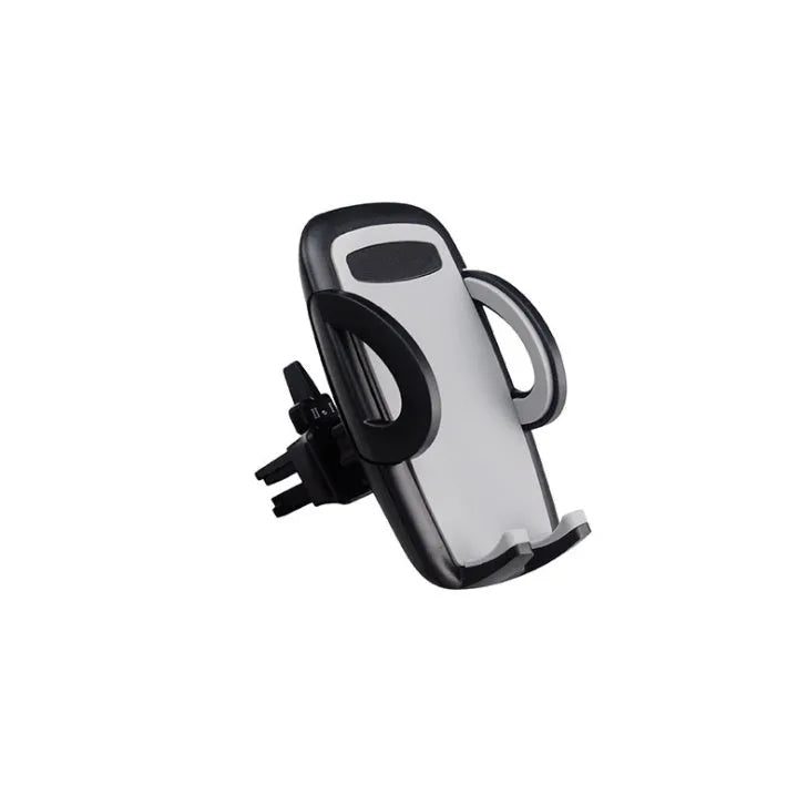 Black plastic universal mobile phone holder attached to a car air vent.