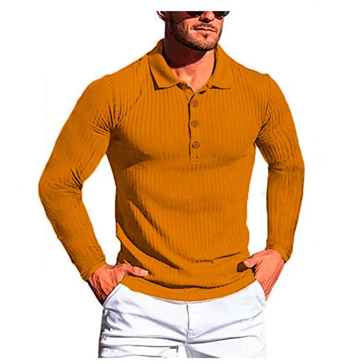 Man wearing a high elasticity slim knit summer shirt in a loose fit with short sleeves, shown in one of ten available colours.