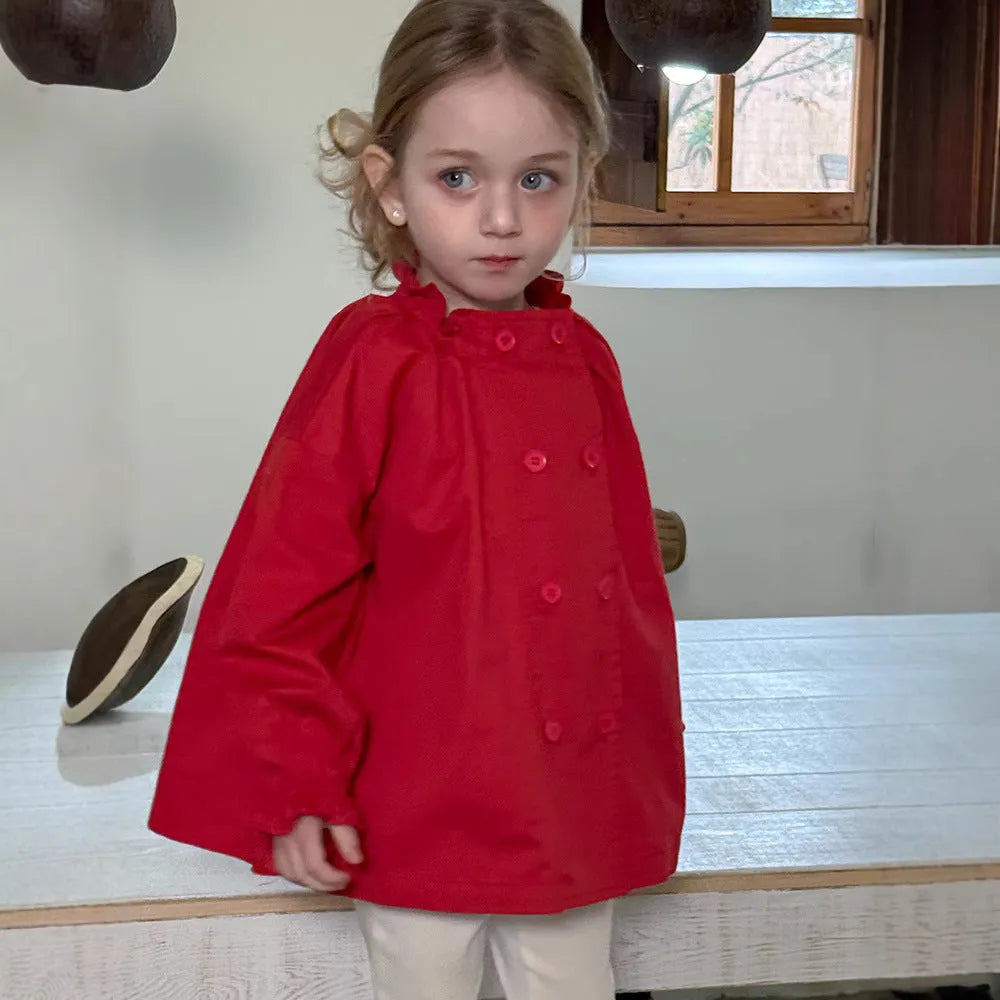 Girls cotton double breasted trench coat solid colour red short length spring summer