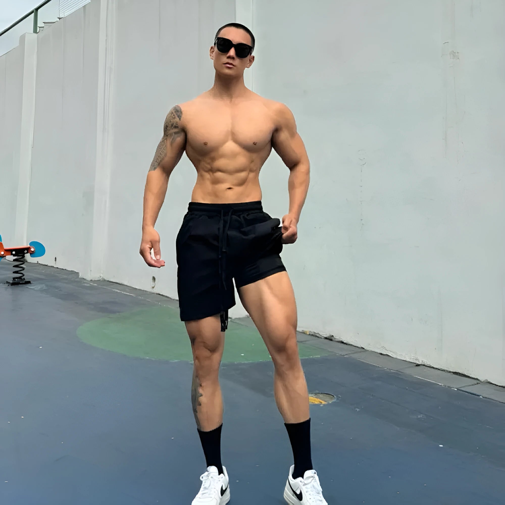 Men's quick-drying double-layer nylon shorts shown in multiple colours.