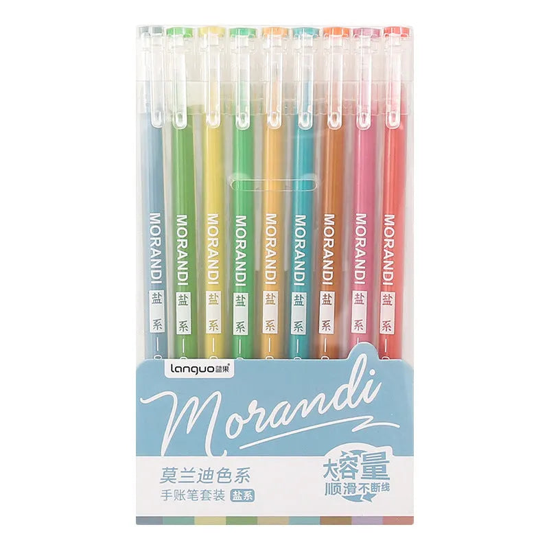 Set of nine retro-style Japanese gel pens with needle tips, shown in a choice of four colour series.