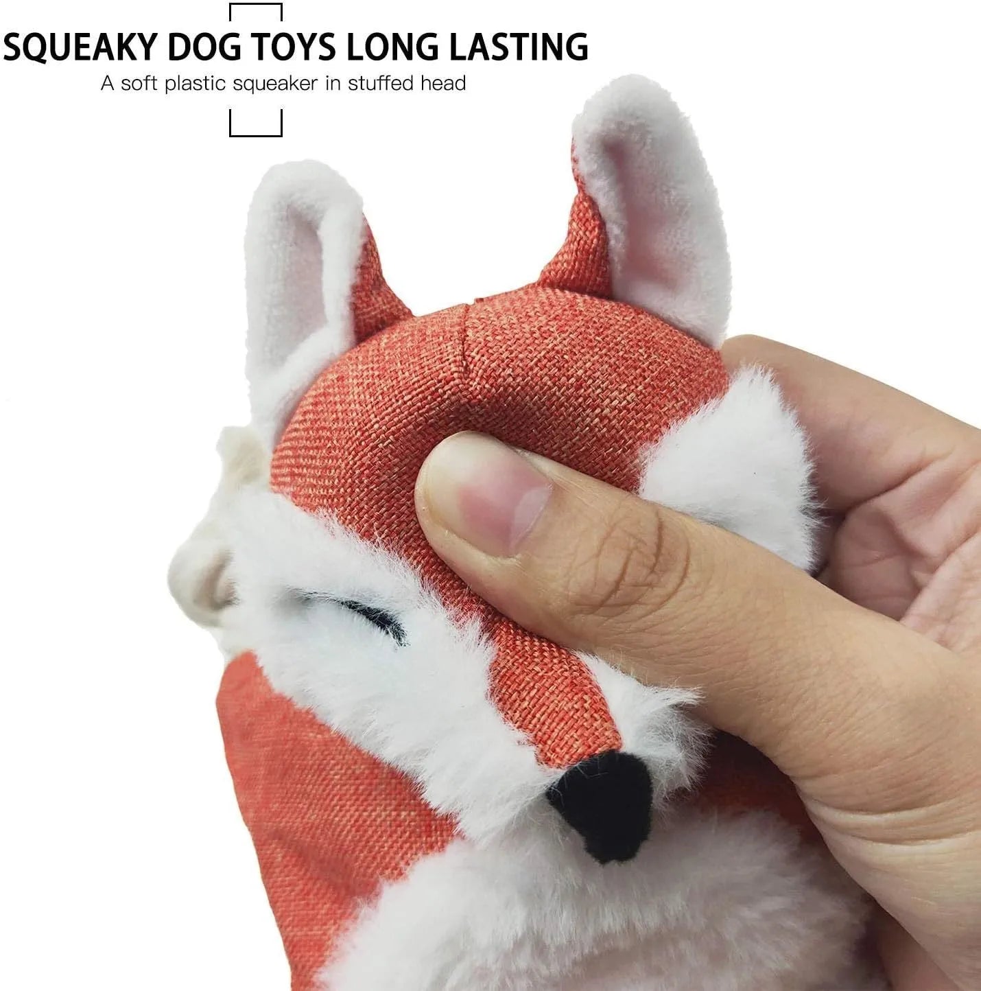 Brown fox-shaped plush dog toy with embroidered eyes, cotton rope limbs, and a squeaker.