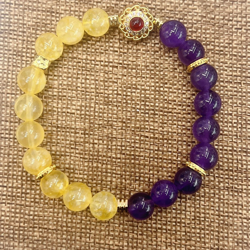 Handmade women's yellow and purple crystal bracelet with amethyst beads