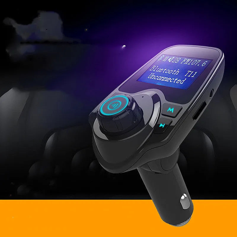 Black car Bluetooth FM transmitter and hands-free kit plugged into a 12V socket.