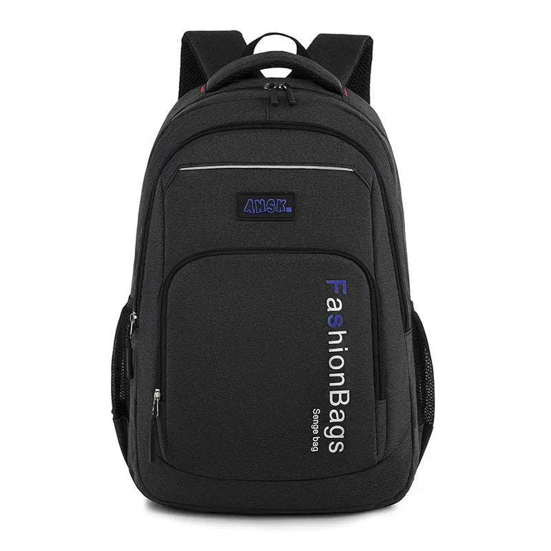 Black nylon travel backpack showing front view and open compartment with laptop sleeve.