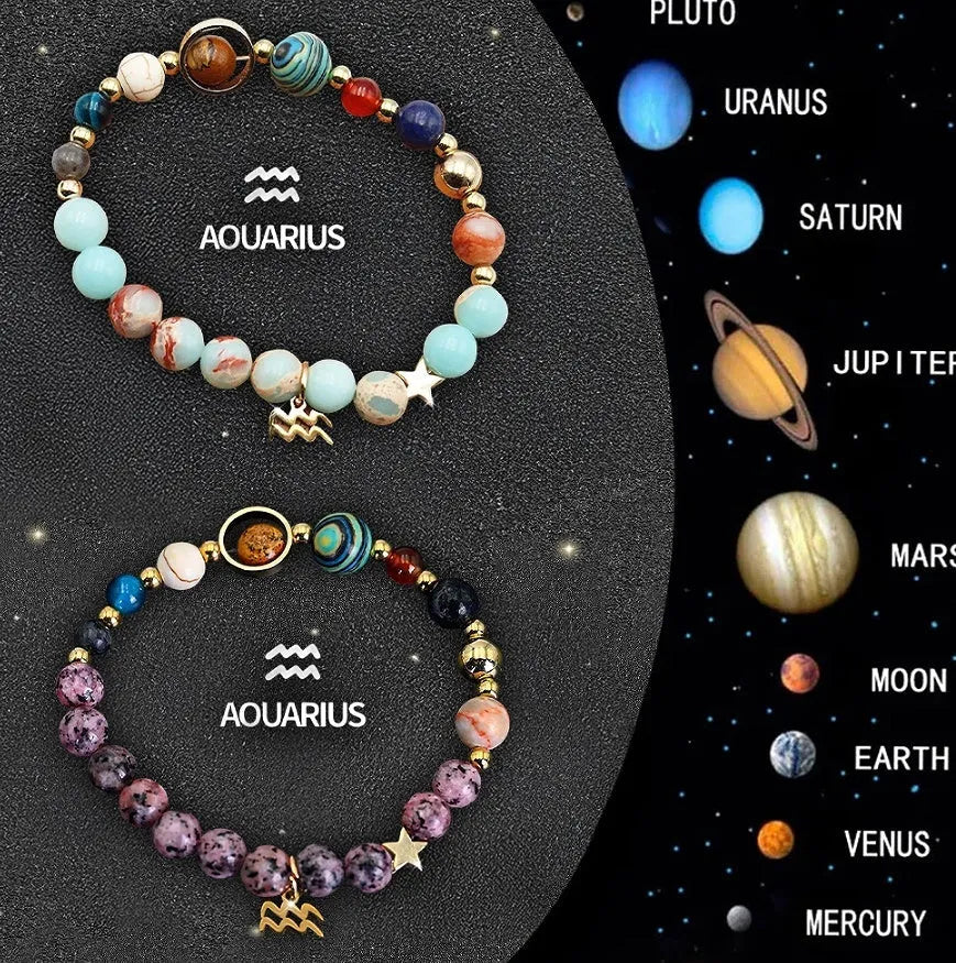 Two natural stone beaded bracelets featuring twelve zodiac sign symbols for astrology lovers.