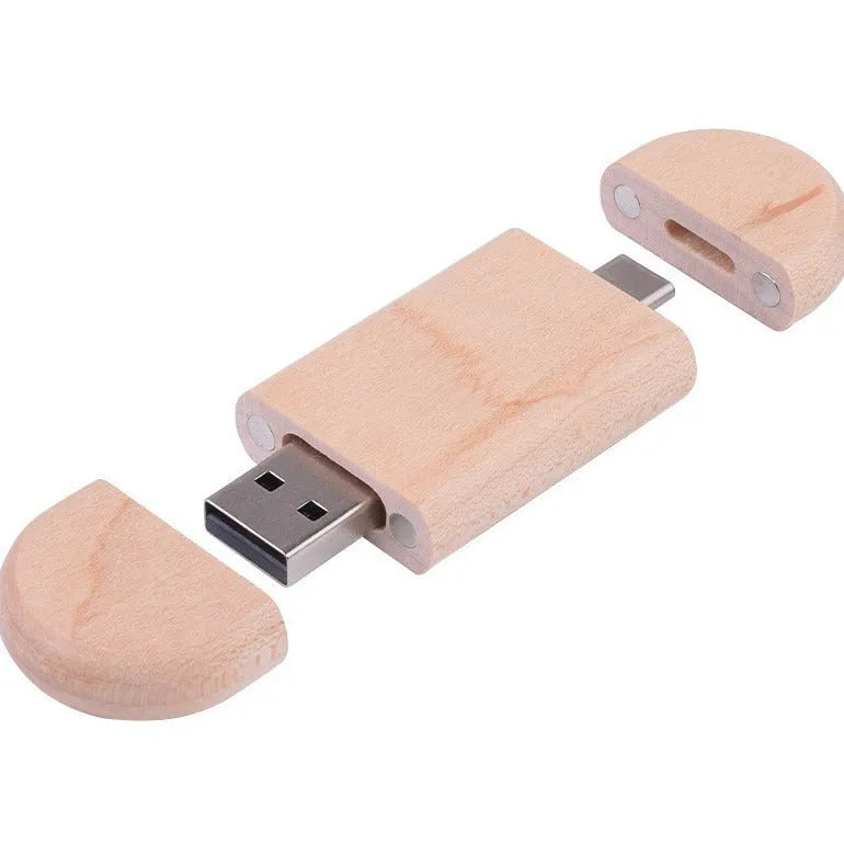 Wooden USB flash drive with carved maple box and USB-C connector for mobile phones