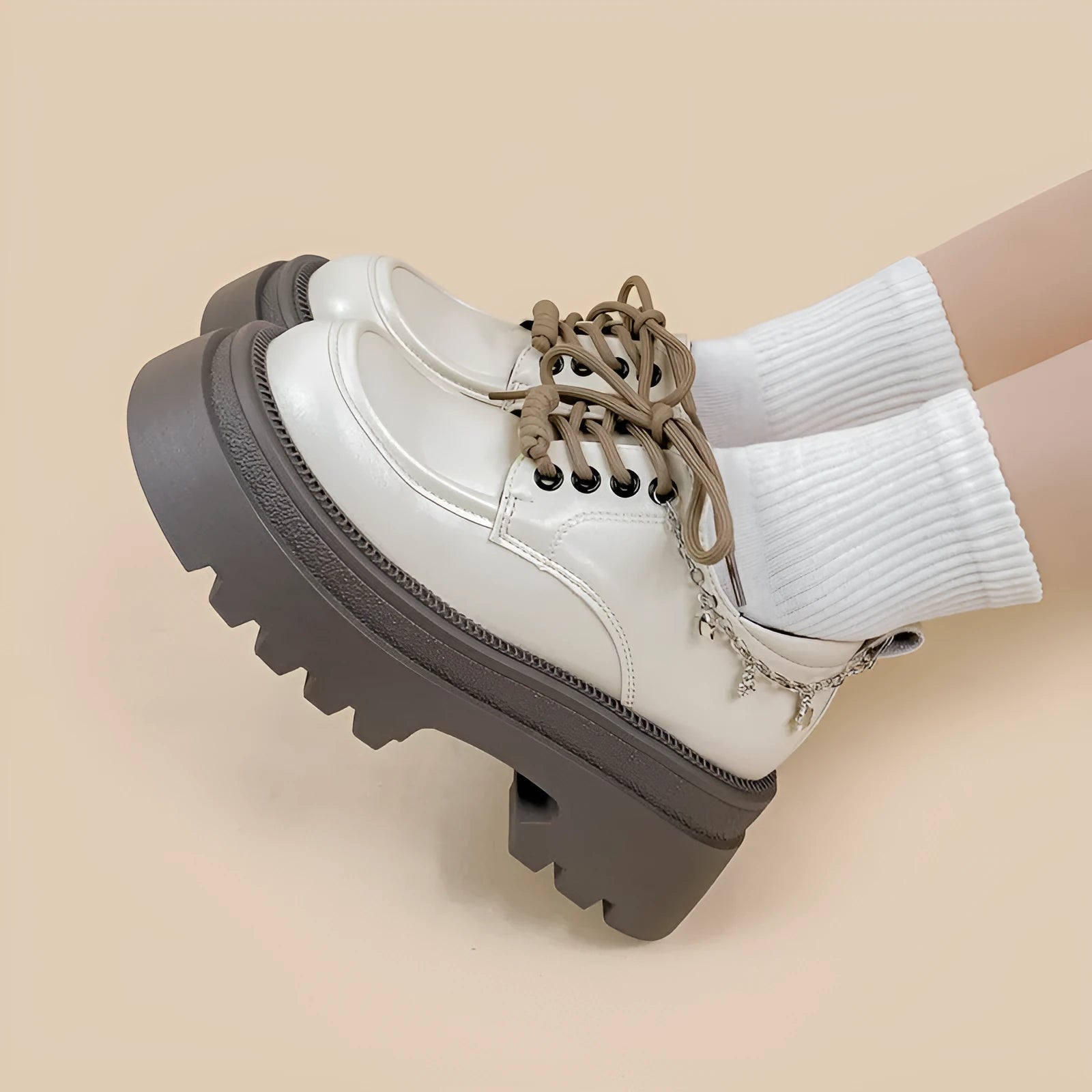 White platform Mary Jane shoes with thick chunky heel and front lace-up in XINGX bear colour