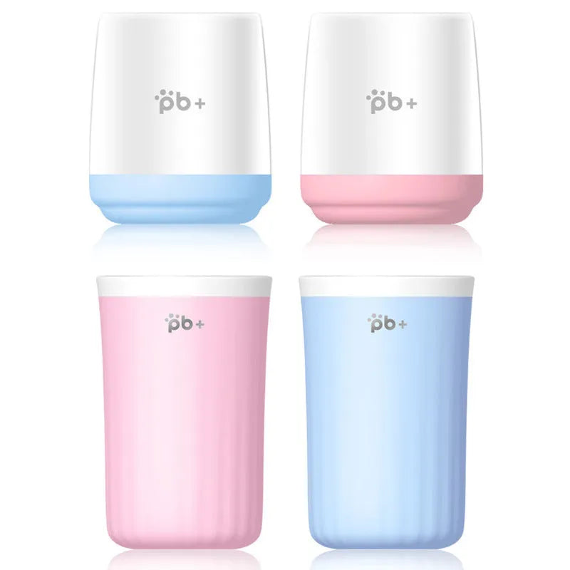 Cherry Pink foot cleansing cup pet footbath with soft silicone bristles and ABS construction by a door